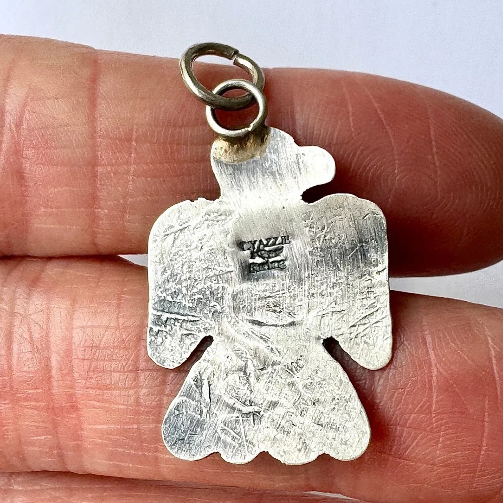Navajo Thunderbird Pendant Turquoise 1.25in Signed Yazzie Stamped Matte Sterling